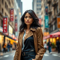 A 33-year-old American woman with dark hair, dressed in a fashionable outfit that highlights her style