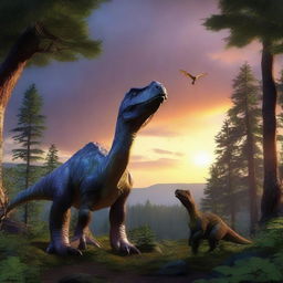 A large dinosaur and a smaller dinosaur sitting in a foreboding forest, framed against a breathtaking photorealistic sunset.