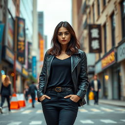 A 33-year-old American woman with dark hair, dressed in a fashionable outfit that highlights her style