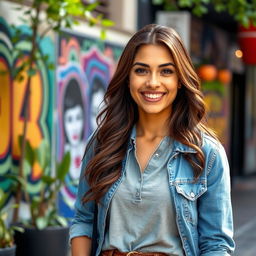 A 34-year-old brunette woman with a Latin American appearance, dressed in stylish casual clothing, standing confidently in an outdoor urban setting