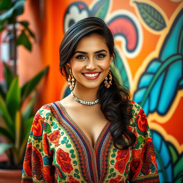 A stunning 32-year-old brunette woman with a Latin American appearance, wearing stylish clothing that showcases her culture