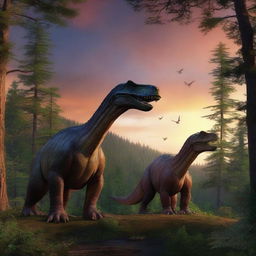 A large dinosaur and a smaller dinosaur sitting in a foreboding forest, framed against a breathtaking photorealistic sunset.