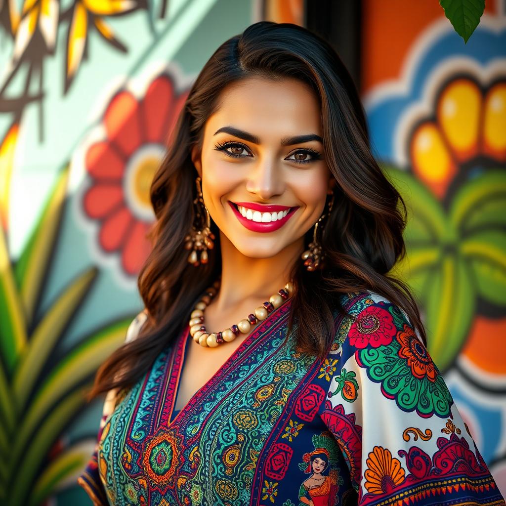 A stunning 32-year-old brunette woman with a Latin American appearance, wearing stylish clothing that showcases her culture