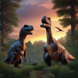 A large dinosaur and a smaller dinosaur sitting in a foreboding forest, framed against a breathtaking photorealistic sunset.