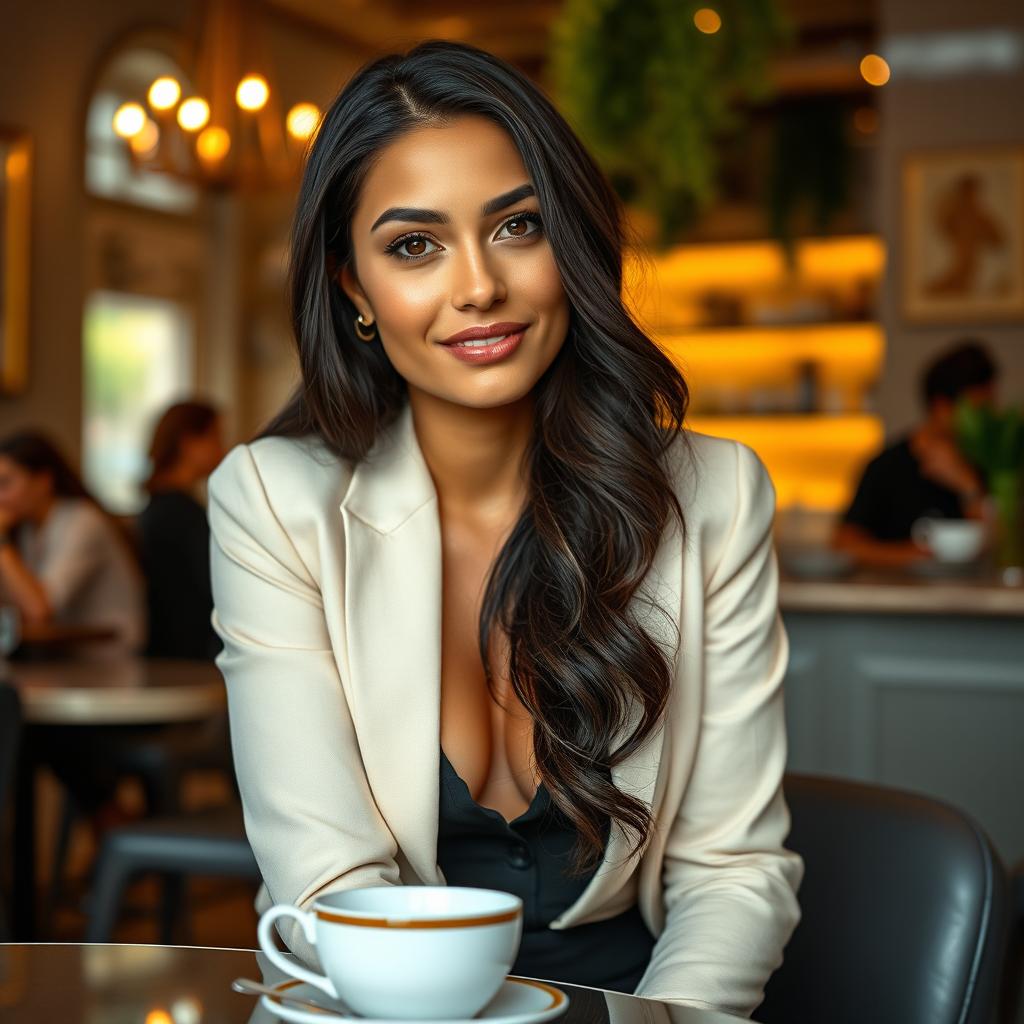 A 34-year-old brunette woman with a Latin American appearance, elegantly dressed in fashionable attire