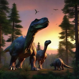 A large dinosaur and a smaller dinosaur sitting in a foreboding forest, framed against a breathtaking photorealistic sunset.