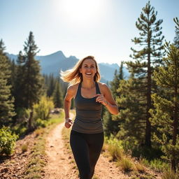A dynamic outdoor scene featuring a woman in her mid-30s, Sarah, who embodies a fitness enthusiast's spirit