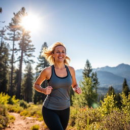 A dynamic outdoor scene featuring a woman in her mid-30s, Sarah, who embodies a fitness enthusiast's spirit