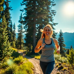 A dynamic outdoor scene featuring a woman in her mid-30s, Sarah, who embodies a fitness enthusiast's spirit