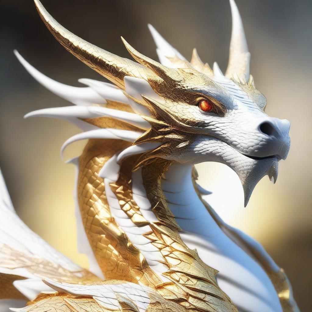 A majestic white and gold dragon adorned in splendid armor, glittering under the bright sunlight.