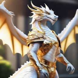 A majestic white and gold dragon adorned in splendid armor, glittering under the bright sunlight.