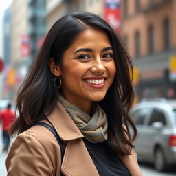 A 33-year-old American woman with dark hair, smiling warmly and dressed in a fashionable outfit