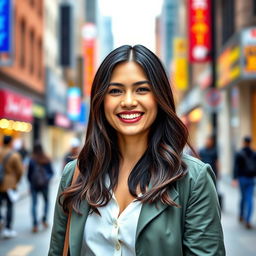 A 33-year-old American woman with dark hair, smiling warmly and dressed in a fashionable outfit