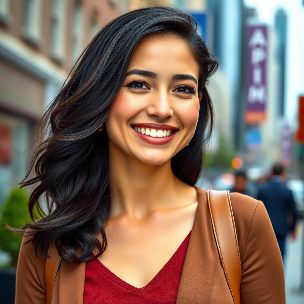 A 33-year-old American woman with dark hair, smiling warmly and dressed in a fashionable outfit