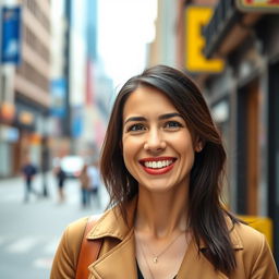 A 33-year-old American woman with dark hair, smiling warmly and dressed in a fashionable outfit