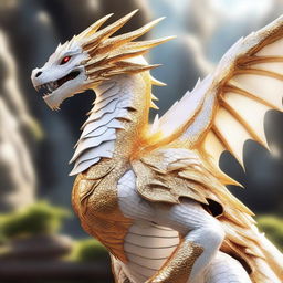 A majestic white and gold dragon adorned in splendid armor, glittering under the bright sunlight.