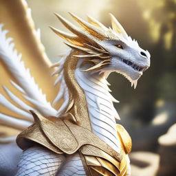 A majestic white and gold dragon adorned in splendid armor, glittering under the bright sunlight.