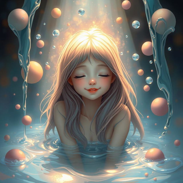 A surreal and visually striking artwork featuring a girl surrounded by a dreamy, whimsical atmosphere with flowing water cascading around her, evoking a sense of comfort and serenity