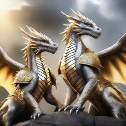 Majestic white and gold dragons, each splendidly outfitted in striking grey armor, illuminated by the radiant sunlight.