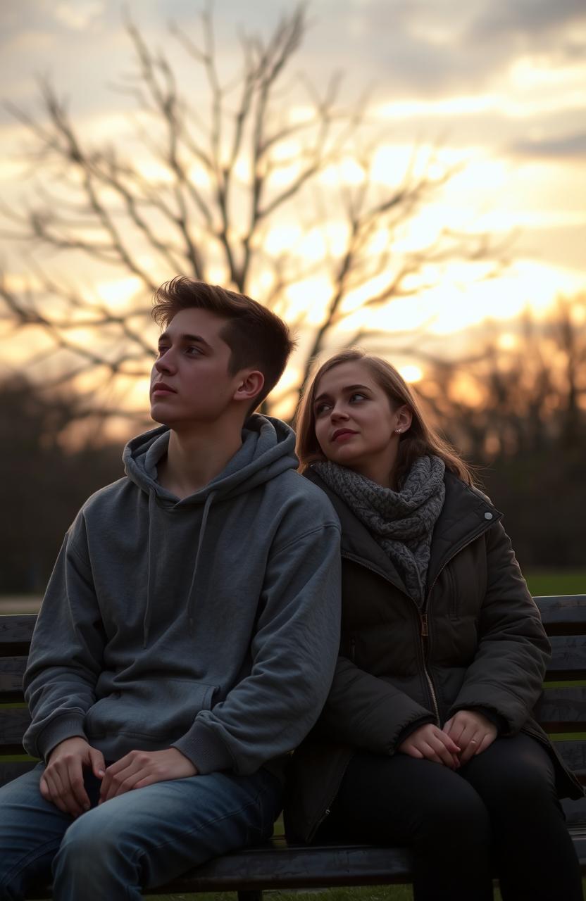 Two friends, a male and a female, sitting together on a park bench under a dramatic sunset