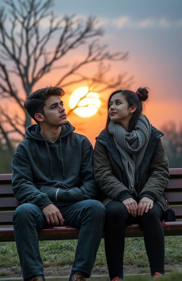 Two friends, a male and a female, sitting together on a park bench under a dramatic sunset