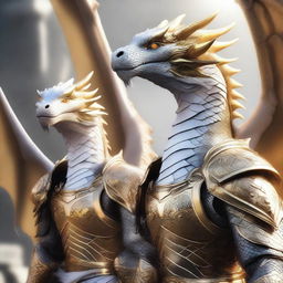 Majestic white and gold dragons, each splendidly outfitted in striking grey armor, illuminated by the radiant sunlight.