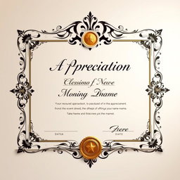 A beautifully designed certificate of appreciation, showcasing intricate borders and elegant typography