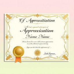 A beautifully designed certificate of appreciation, showcasing intricate borders and elegant typography