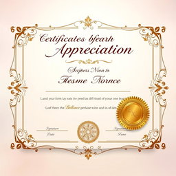 A beautifully designed certificate of appreciation, showcasing intricate borders and elegant typography