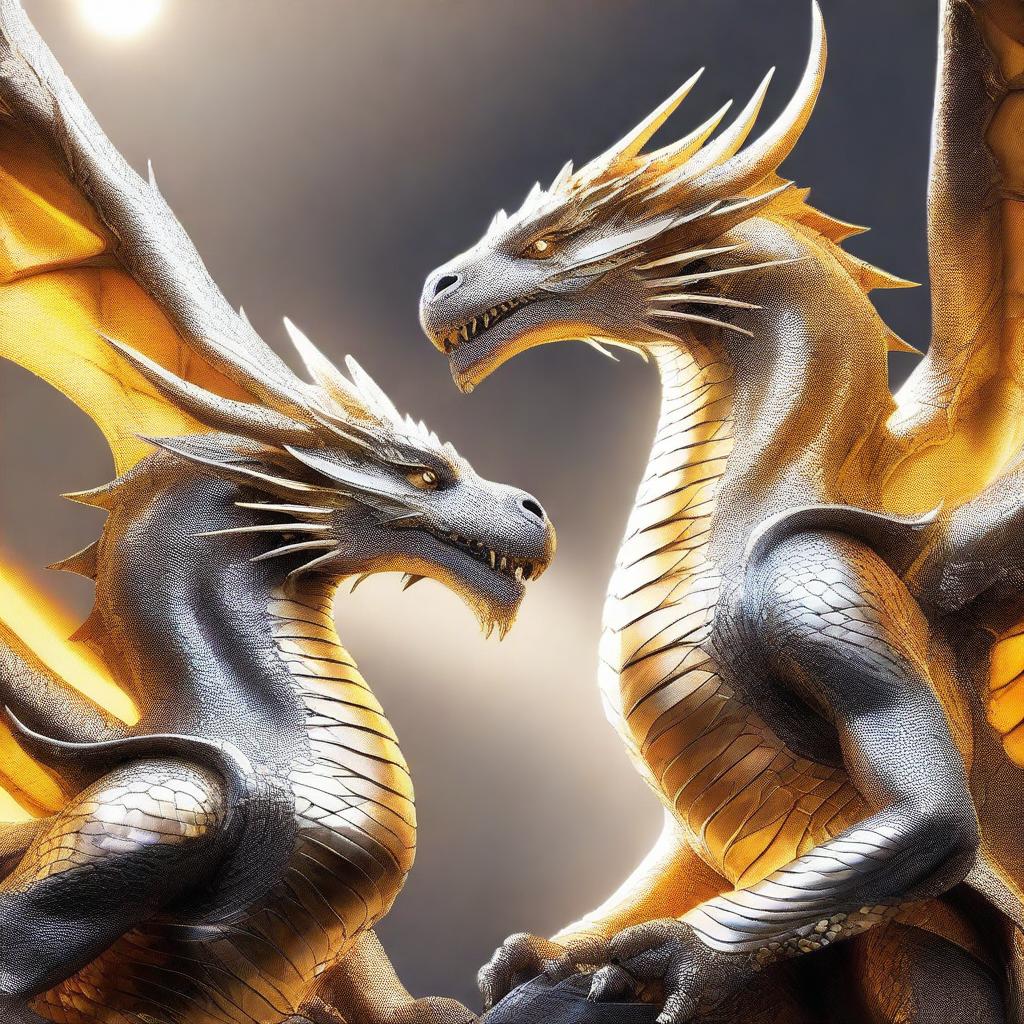 Majestic white and gold dragons, each splendidly outfitted in striking grey armor, illuminated by the radiant sunlight.