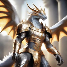 A fierce white and gold dragon armored in imposing grey armor, exuding a powerful aura under the gleaming sunlight.