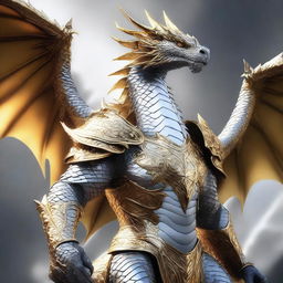 A fierce white and gold dragon armored in imposing grey armor, exuding a powerful aura under the gleaming sunlight.