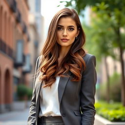 A portrait of a 32-year-old brunette woman with a European appearance