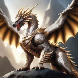 A fierce white and gold dragon armored in imposing grey armor, exuding a powerful aura under the gleaming sunlight.