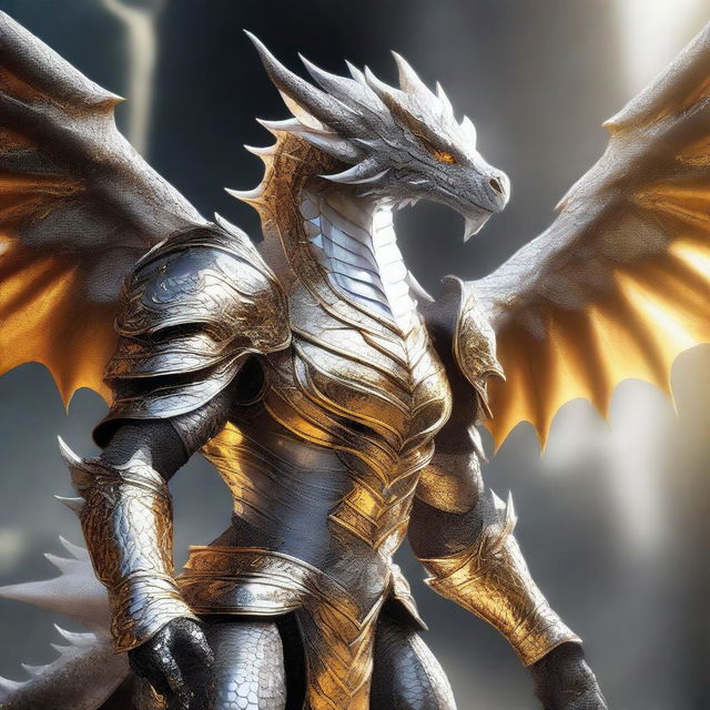 A fierce white and gold dragon armored in imposing grey armor, exuding a powerful aura under the gleaming sunlight.