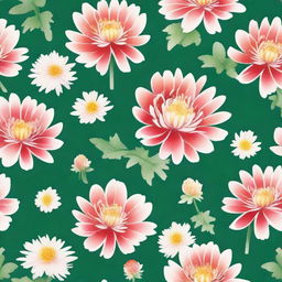 Create a watercolor pattern of chrysanthemum flowers in a traditional Japanese motif on a green background.