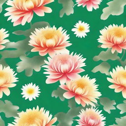 Create a watercolor pattern of chrysanthemum flowers in a traditional Japanese motif on a green background.