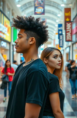 A 24-year-old light-skinned brown male with a freeform afro hairstyle, wearing a black t-shirt with a large bold tattoo on his neck that says "numb"