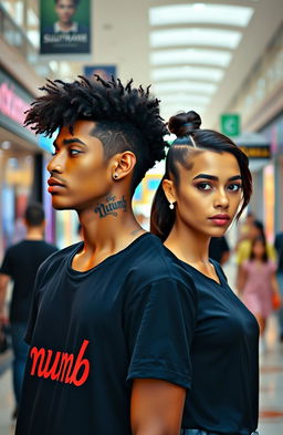 A 24-year-old light-skinned brown male with a freeform afro hairstyle, wearing a black t-shirt with a large bold tattoo on his neck that says "numb"