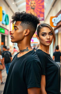 A 24-year-old light-skinned brown male with a freeform afro hairstyle, wearing a black t-shirt with a large bold tattoo on his neck that says "numb"