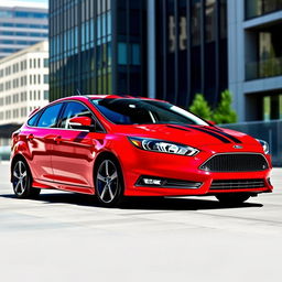 A stunning red 2017 Ford Focus sedan adorned with sleek black racing stripes running along its sides