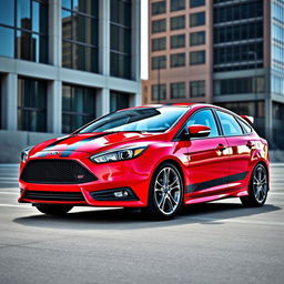 A stunning red 2017 Ford Focus sedan adorned with sleek black racing stripes running along its sides