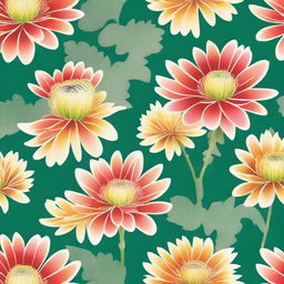 Create a watercolor pattern of chrysanthemum flowers in a traditional Japanese motif on a green background.