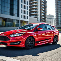 A stunning red 2017 Ford Focus sedan adorned with sleek black racing stripes running along its sides