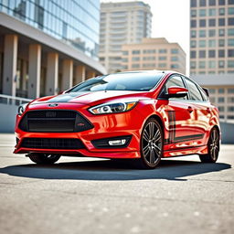 A stunning red 2017 Ford Focus sedan adorned with sleek black racing stripes running along its sides