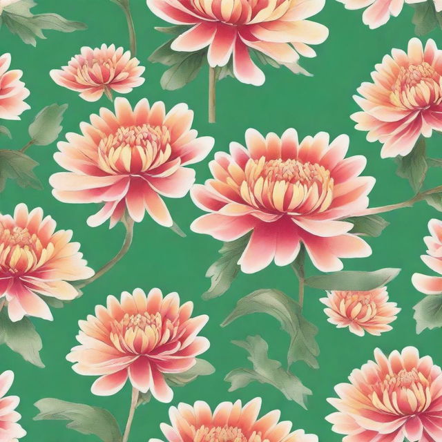 Create a watercolor pattern of chrysanthemum flowers in a traditional Japanese motif on a green background.