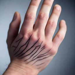 A close-up image of a hand displaying hypertrophic scars with intricate detail, showcasing the texture and elevation.