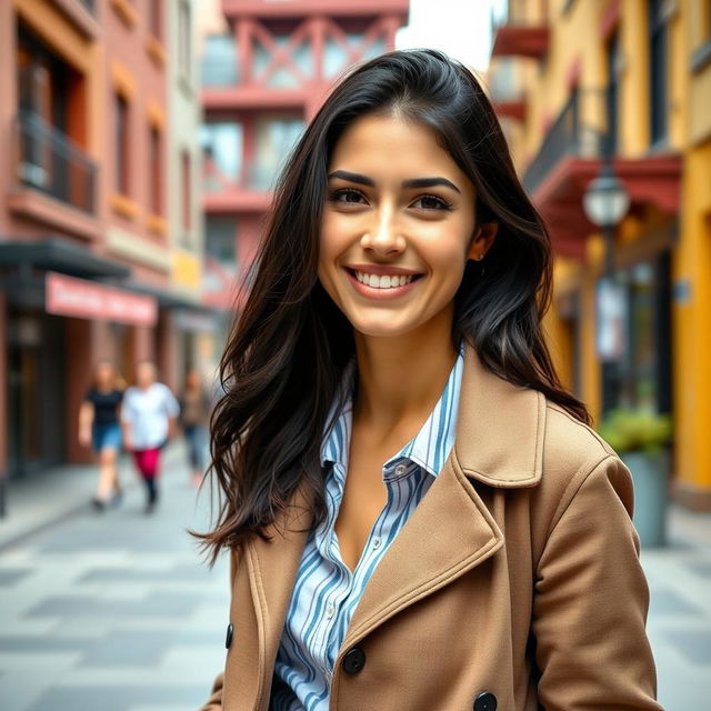 A 33-year-old American woman with dark hair, dressed stylishly in modern casual clothing, standing confidently in a vibrant urban environment with interesting architecture in the background