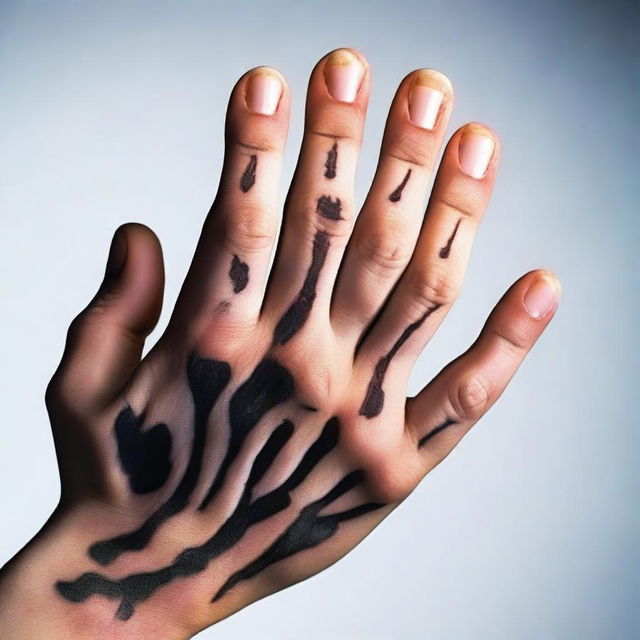 A detailed image of a hand with five fingers, each marked by distinctive burn scars.