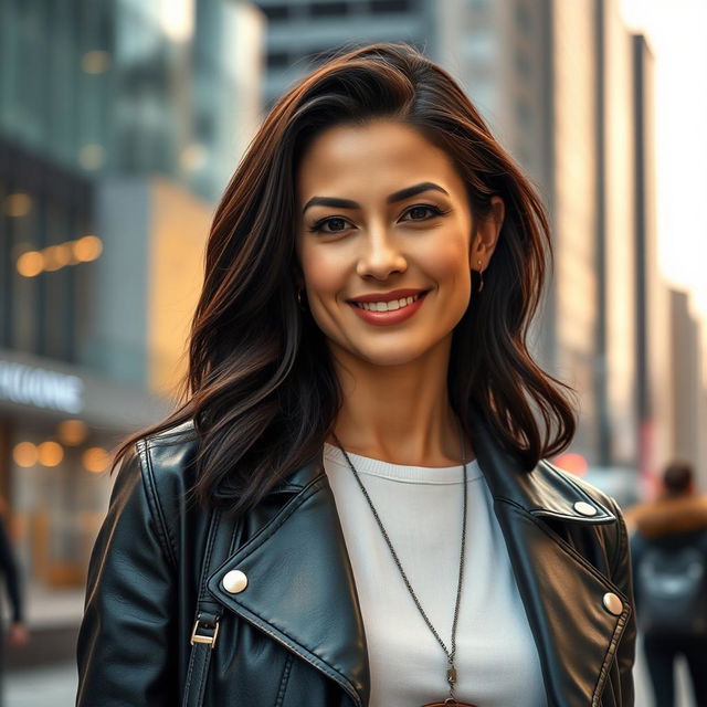 A 35-year-old American woman with dark hair, dressed in stylish and fashionable clothing